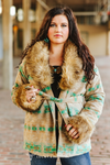 Jade Beige Aztec Wool Blend Fur Tie Coat