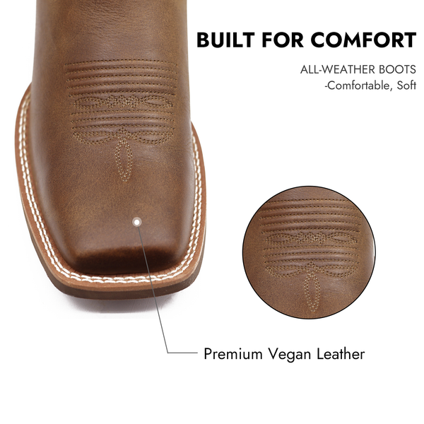 Palitutu Women's Light Brown Embroidered Full-Grain Leather Square Toe Western Boots - Broken horn