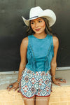 Teal Suede Front Arch Fringe Top
