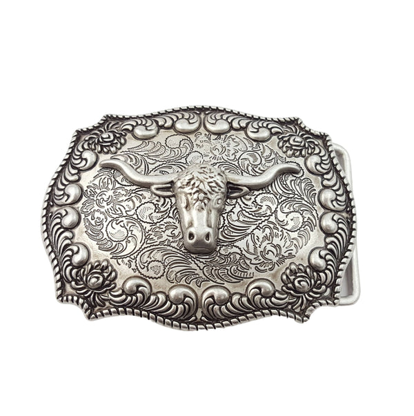 Buckle: Western Antique Silver Long Horn Design Belt Buckle
