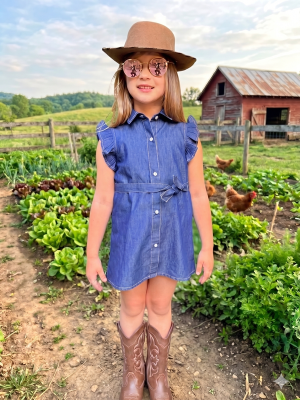 Girls Western Denim Dress with Frill sleeves