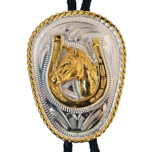 Western Express Horse Head in Horseshoe German Silver Oval Bolo Tie - Broken horn