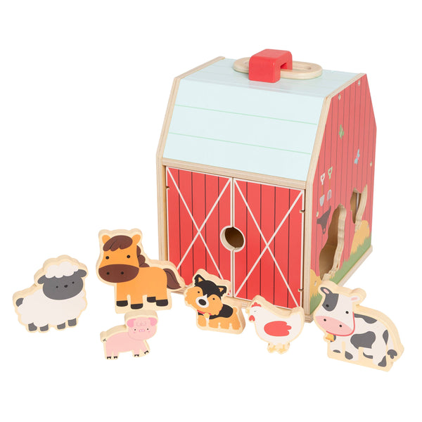 Wooden Barn Shape Sorter Toy, Farm Animals Montessori Play - Broken horn