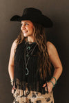 Black Stretch Suede Fringe Tier Sleeveless Top - Broken horn