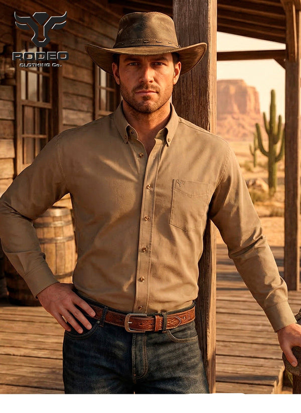 Rodeo Men’s Solid Western Twill Button Down Shirt - Khaki - Broken horn