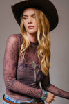 Cowgirl Print Mesh Mock Neck Top