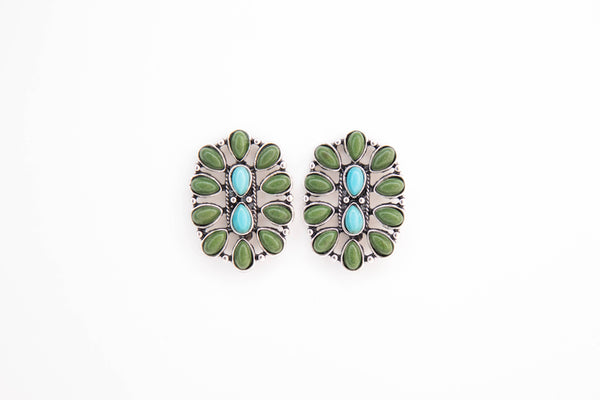 Turquoise and Green Oval Cluster Post Earring
