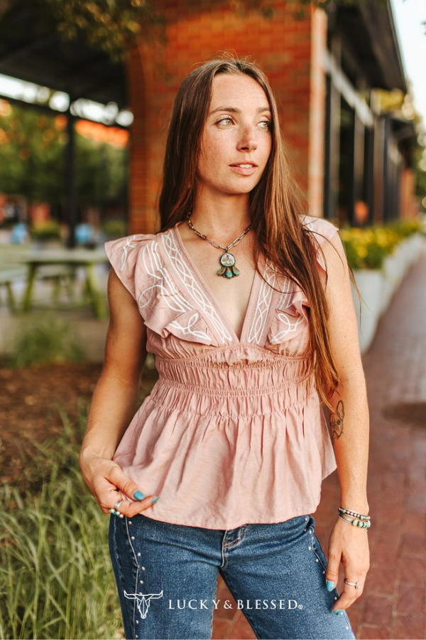 Peach Bootstitch Embroidered Contrast Stitching Blouse - Broken horn