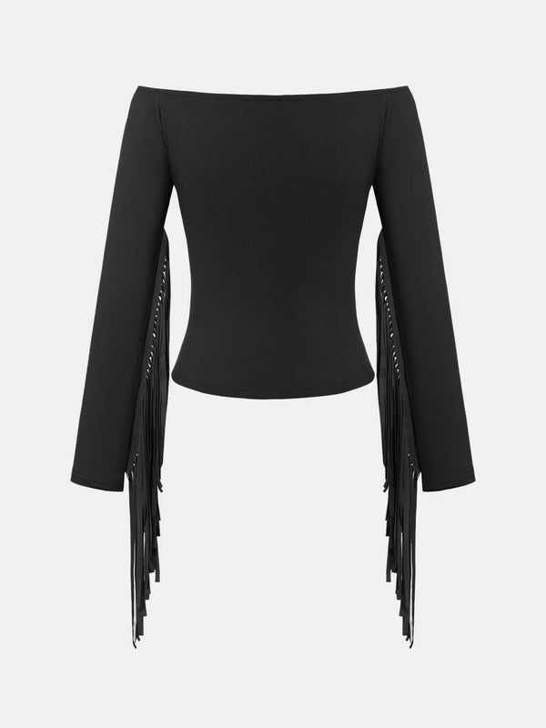 Slim One-Shoulder Cowboy Fringe Crop Top