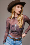 Cowgirl Print Mesh Mock Neck Top