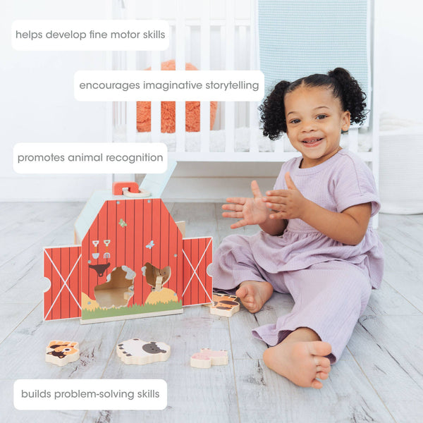 Wooden Barn Shape Sorter Toy, Farm Animals Montessori Play - Broken horn