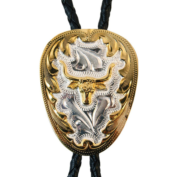 Western Express Long Horn on German Silver Bolo Tie - Broken horn