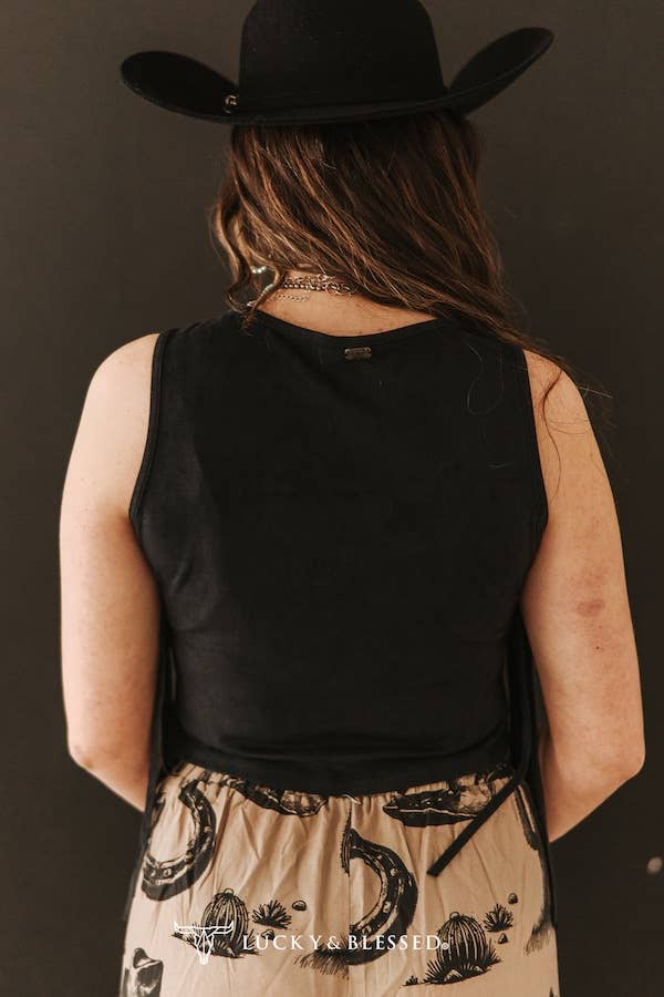 Black Stretch Suede Fringe Tier Sleeveless Top - Broken horn