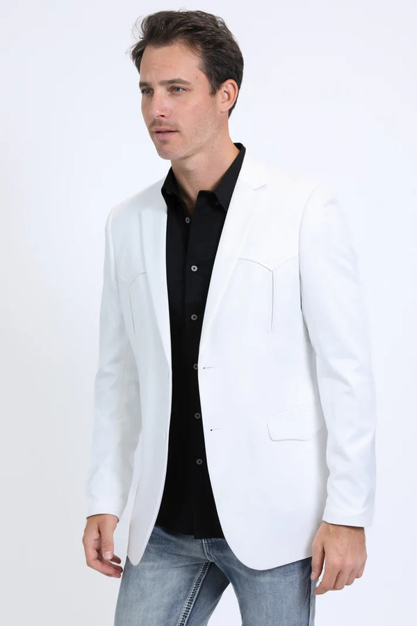 Platini Men's Double Button Western White Blazer - Broken horn