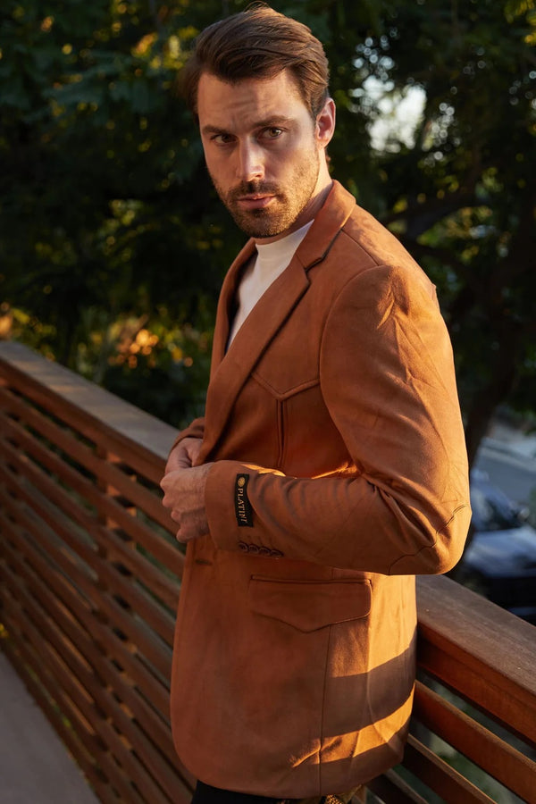 Platini Men's Double Button Faux-Suede Blazer - Camel - Broken horn