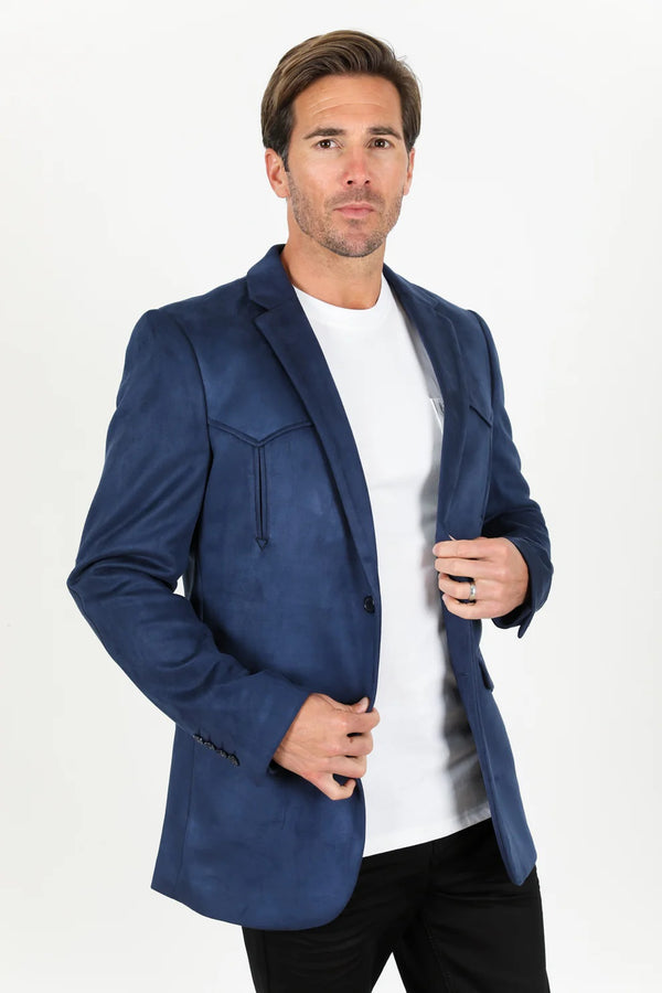 Platini Men's Solid Suede Blazer - Navy - Broken horn