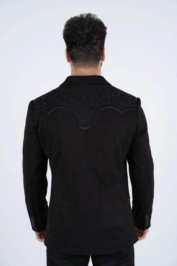 Platini Mens Black Embroidery Faux- Suede Blazer - Broken horn