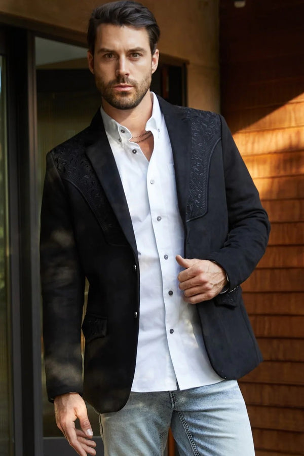Platini Mens Black Embroidery Faux- Suede Blazer - Broken horn