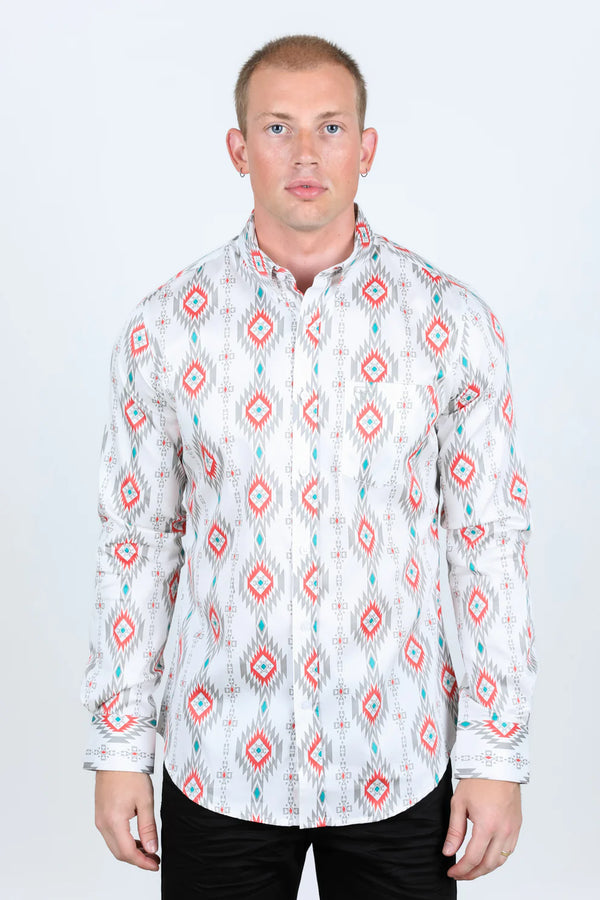 Platini Men Aztec Cotton Shirt - White - Broken horn