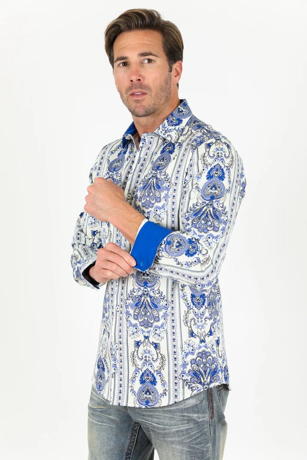 Platini Men Satin Cotton/Spandex Long Sleeve Shirt - Broken horn