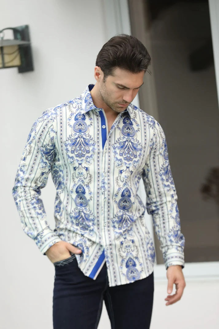 Platini Men Satin Cotton/Spandex Long Sleeve Shirt - Western Clothing