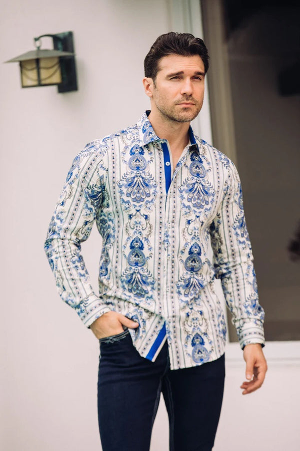 Platini Men Satin Cotton/Spandex Long Sleeve Shirt - Broken horn