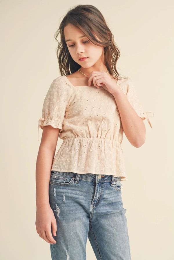 Tween Kids Girls Puff Sleeve Emb Peplum Top - Broken horn