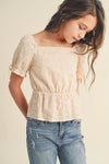 Tween Kids Girls Puff Sleeve Emb Peplum Top - Broken horn