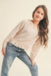 Tween Kids Girls Raglan Blouse with Lace Trim - Broken horn