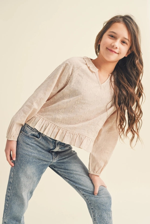 Tween Kids Girls Raglan Blouse with Lace Trim - Broken horn