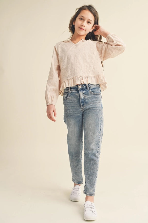 Tween Kids Girls Raglan Blouse with Lace Trim - Broken horn