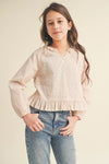 Tween Kids Girls Raglan Blouse with Lace Trim - Broken horn