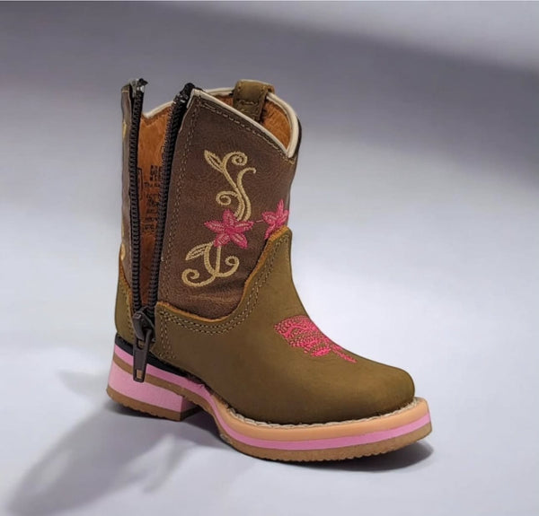 Hooch Baby Boot Flower Square Toe - Cafe - Broken horn
