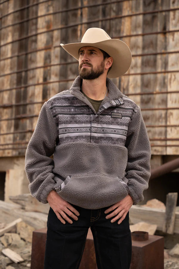 Hooey Mens Sherpa Fleece Pullover Dark Charcoal w/ Grey Serape Pattern - Broken horn