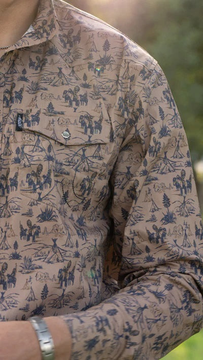 Hooey DOS SOL Pearl Snap Shirt Tan W/Pattern - Broken horn