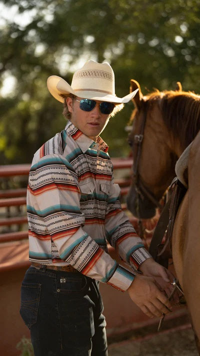 Hooey Sol Cream Serape Pattern Pearl Snap Shirt - Broken horn