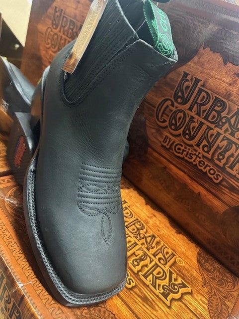 Square Toe Botin-Black Acabado Negro with Black Stitch - Broken horn