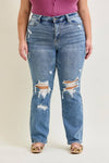 Stone Wash  Destroyed Bootcut - Plus High Waisted - Broken horn
