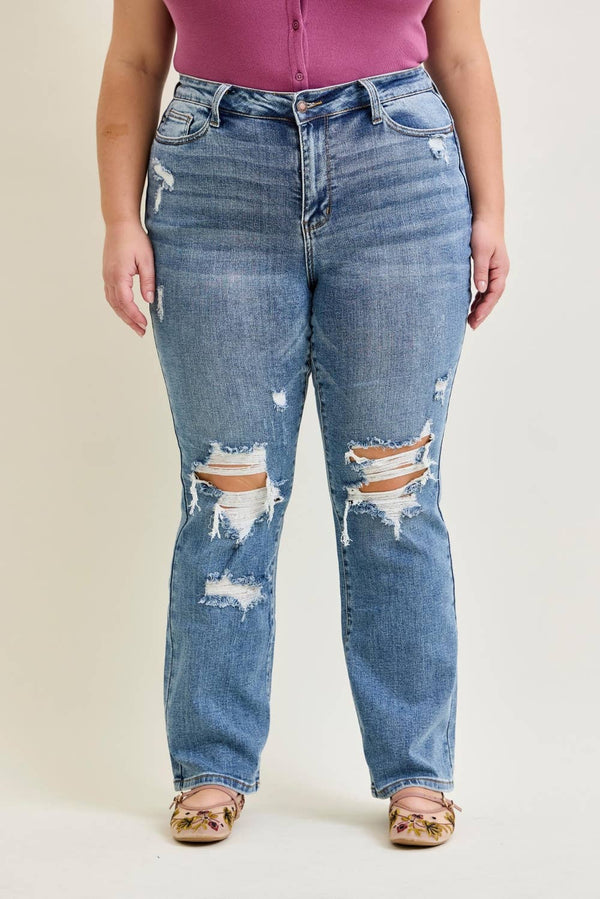 Stone Wash  Destroyed Bootcut - Plus High Waisted - Broken horn