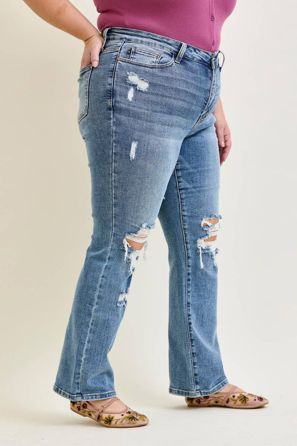 Stone Wash  Destroyed Bootcut - Plus High Waisted - Broken horn