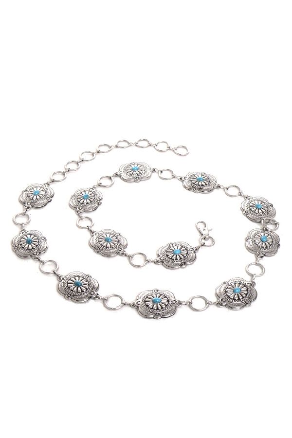 Concho Chain Belt With Turquoise Stone - Broken horn