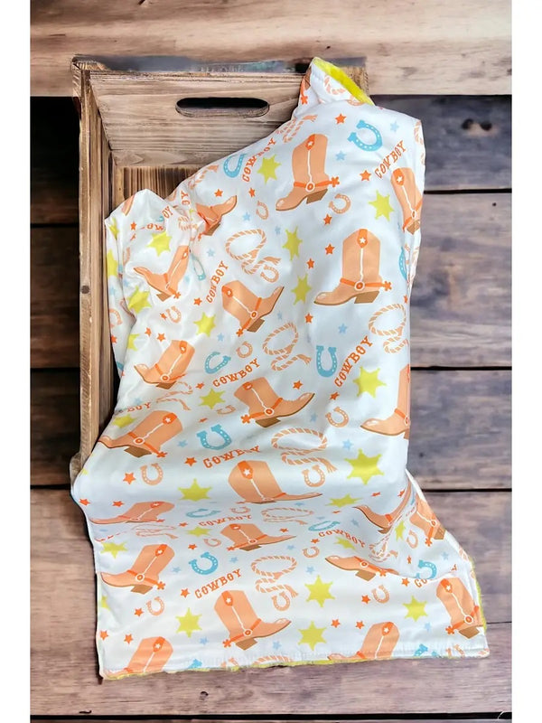 Cowboy & Cowboy Boots Printed Baby Blanket. 38" By 40". - Broken horn