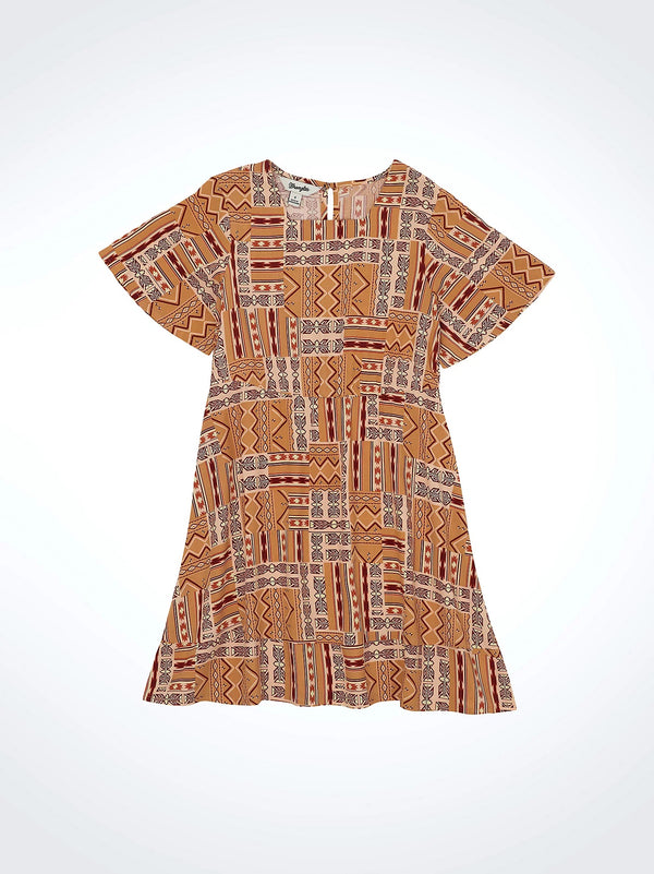 Wrangler Girl's Ruffle Sleeve Southwestern Dress - Broken horn