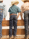 KONTOOR Wrangler Cowboy Cut boys' pre-washed indigo jeans in size 8-18, featuring classic Western style and durable denim fabric.