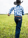 KONTOOR Wrangler Cowboy Cut boys' dark indigo jeans with classic denim texture and stitching, front view showcasing fit and style.