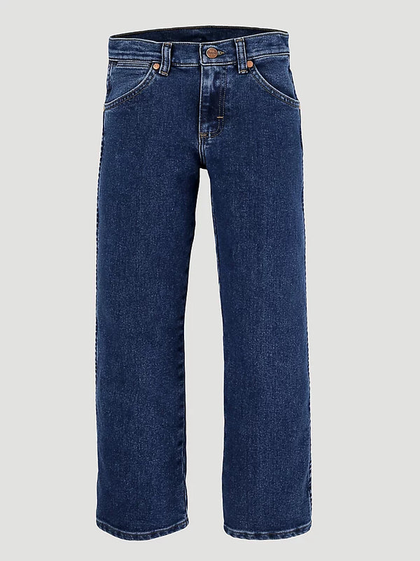 KONTOOR Wrangler Cowboy Cut Boys stonewash jeans, classic denim style with a relaxed fit and traditional Western stitching.
