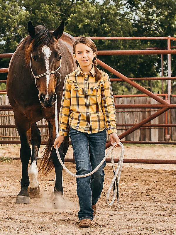 KONTOOR Wrangler girls' premium patch low-rise jeans in medium blue denim, featuring classic five-pocket design and stylish patch details.