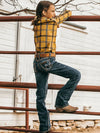 Girls' Wrangler premium patch low rise jeans in medium blue, stylish denim with patch details, by KONTOOR.