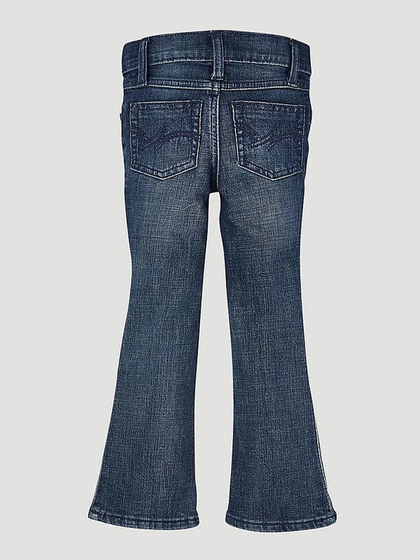 KONTOOR Wrangler Premium Patch Girl Jean in mid blue denim, showing fitted girls' jeans with patch details and classic denim texture.