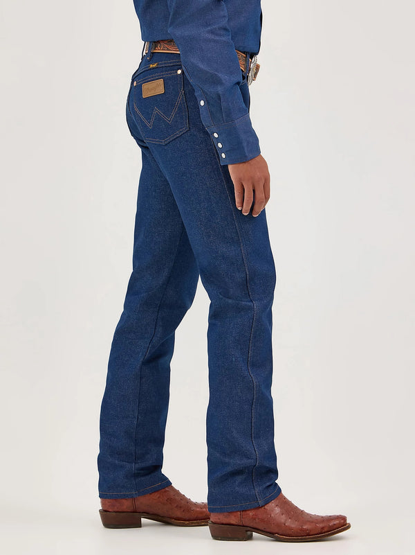 Men's Wrangler Cowboy Cut Original Fit Rigid Indigo jeans, KONTOOR brand, showing classic denim with sturdy fit and traditional stitching.